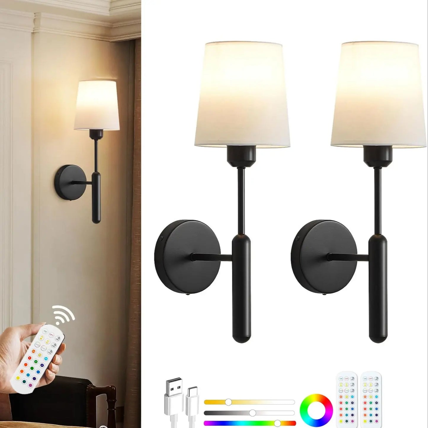 Rechargeable Wall Lights, Gold/, Remote Control, Adjustable Light Temperature, Adjustable RGB Lighting, Battery-Powered Non-Hardwired Design, Modern Mood Lighting