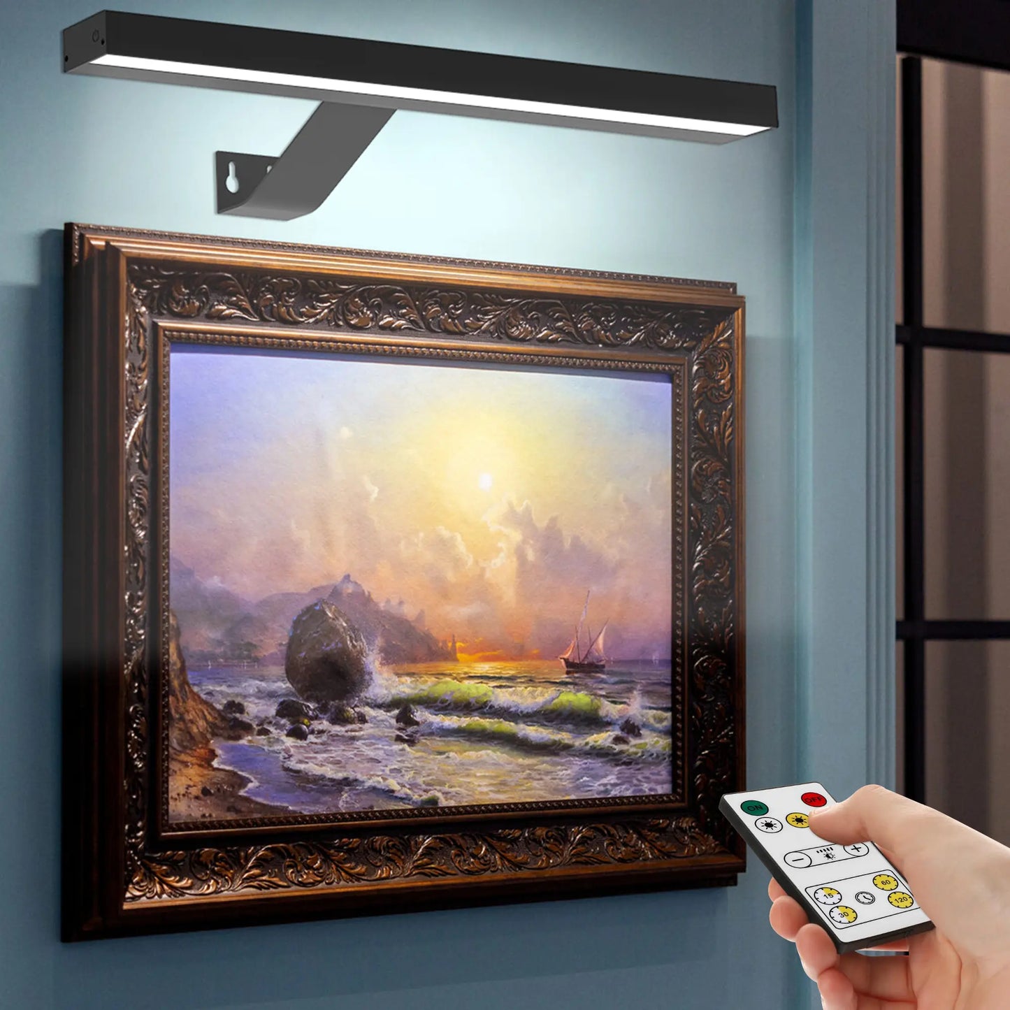 1Pcs Picture Light, Rechargeable Picture Light with Remote,Wireless Battery Painting Light with 3 Lighting Colors,Art Light Display Lamp with Dimmable Timer, Full Metal Picture Light for Picture Gallery Dart