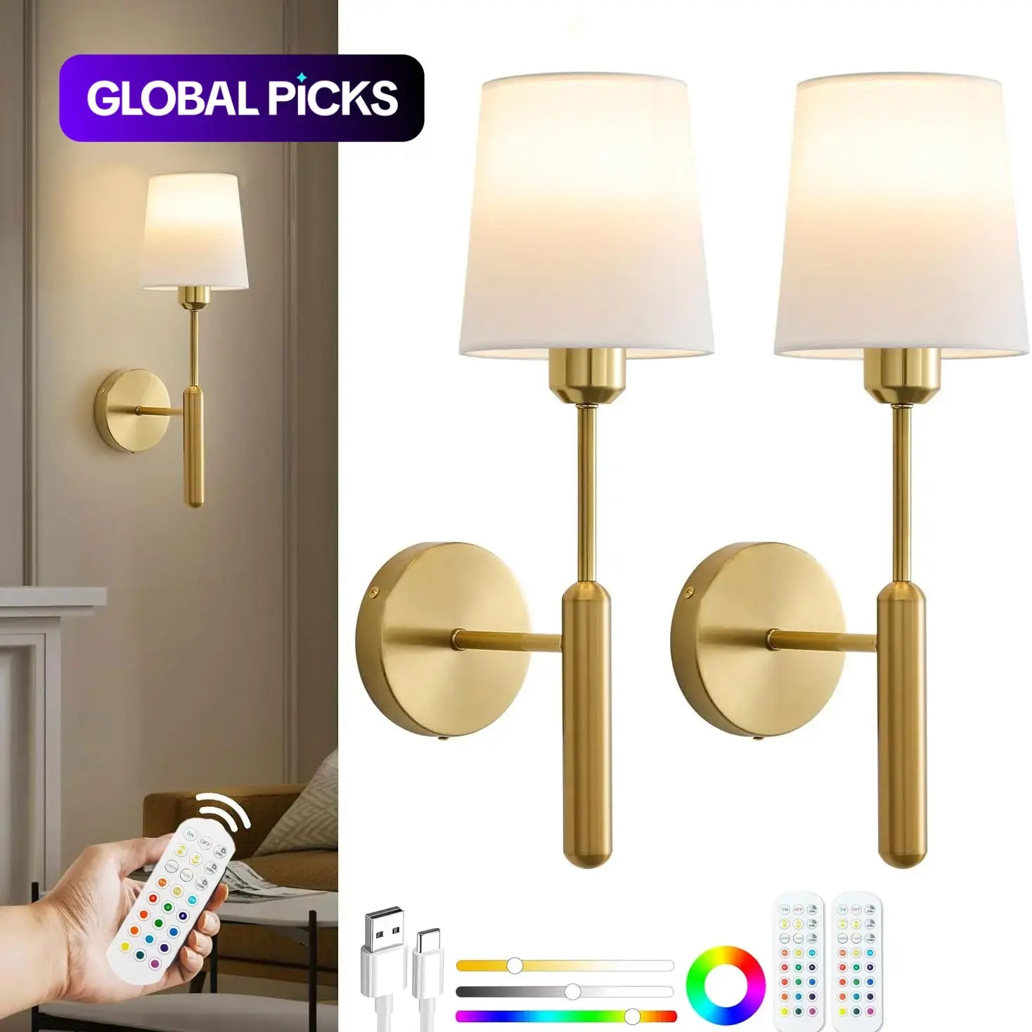 Rechargeable Wall Lights, Gold/, Remote Control, Adjustable Light Temperature, Adjustable RGB Lighting, Battery-Powered Non-Hardwired Design, Modern Mood Lighting